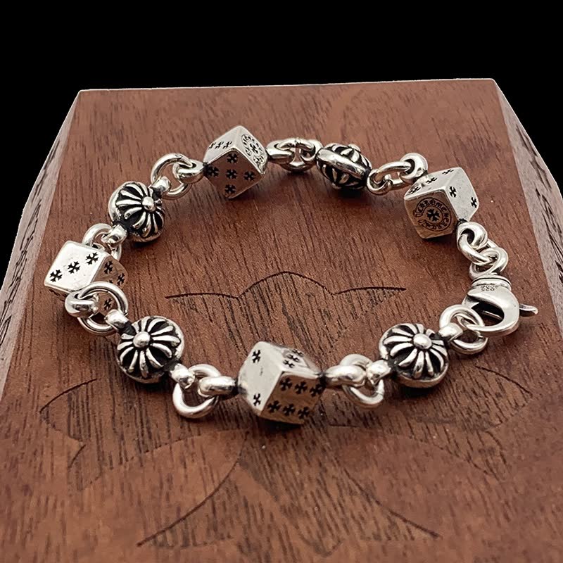 Chrome Hearts Sterling Silver Dice and Flower Bead Bracelet